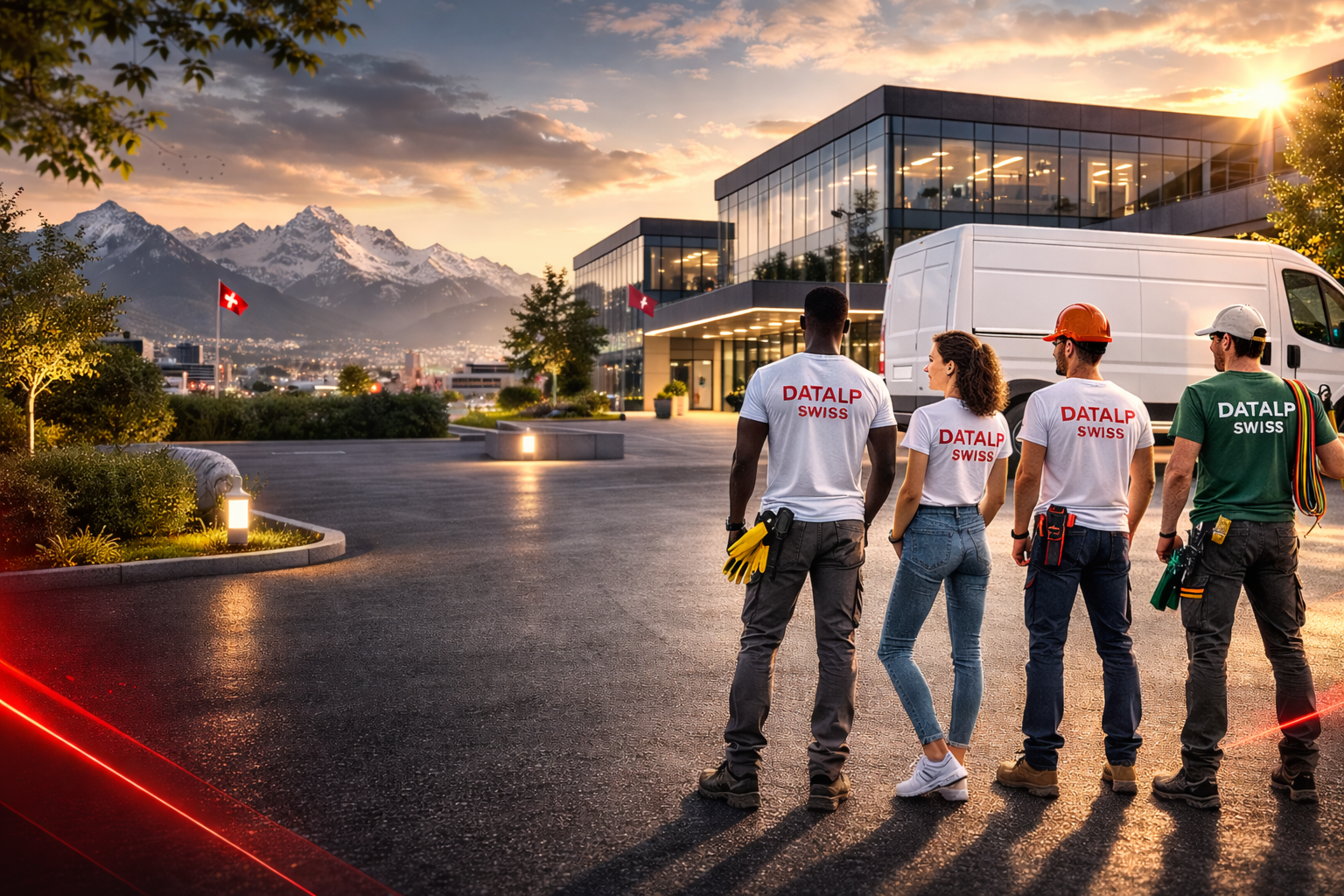 Équipe DATALP Swiss SA devant un site professionnel en Suisse